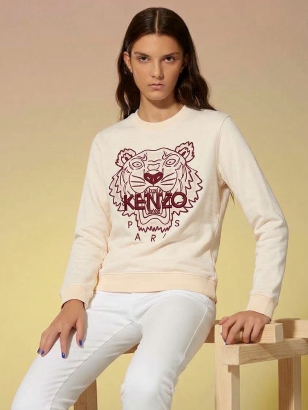 Kenzo Signature Crew Tiger Embroidered Sweatshirt jumper Cream Burgundy Logo L S